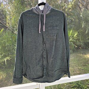Authentic Work Worn Garments Hooded Button Down Shirt - Green Speckled - Large